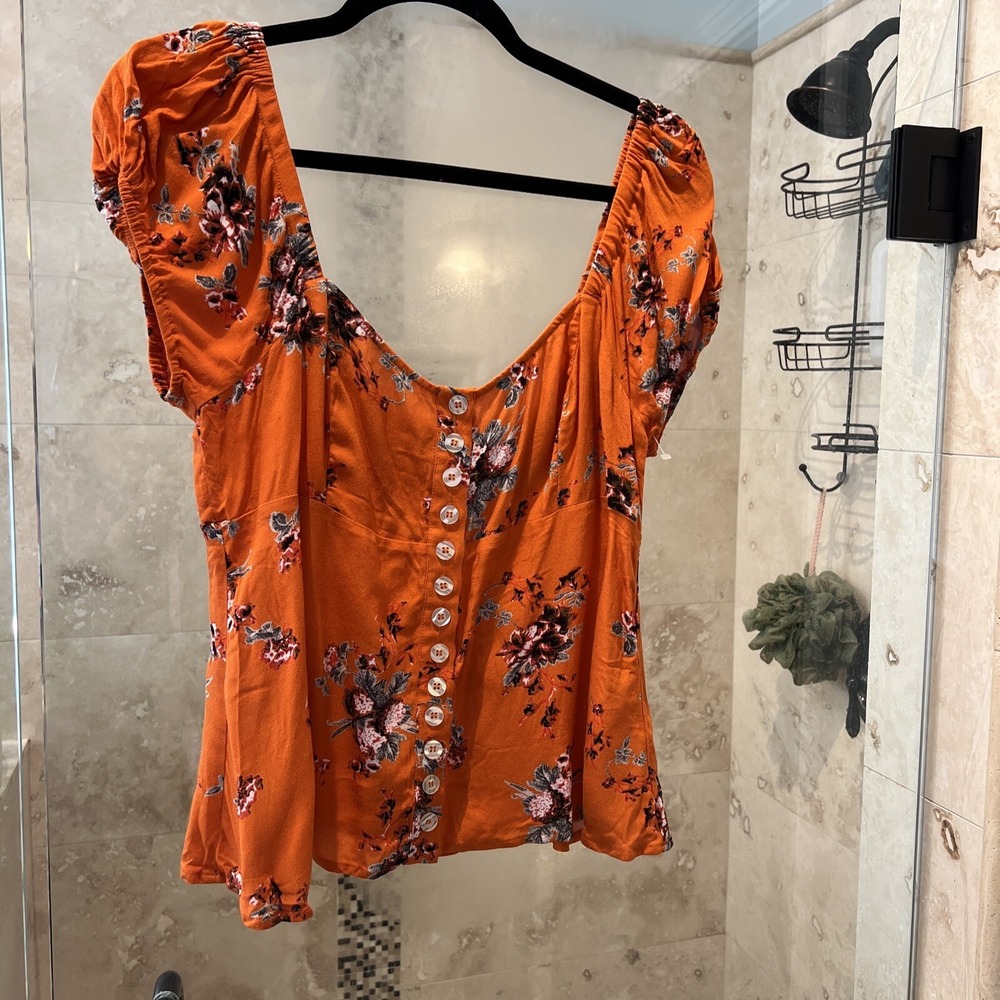 Free People La Bamba Babydoll Top M Smocked Orange Floral Festival Blouse